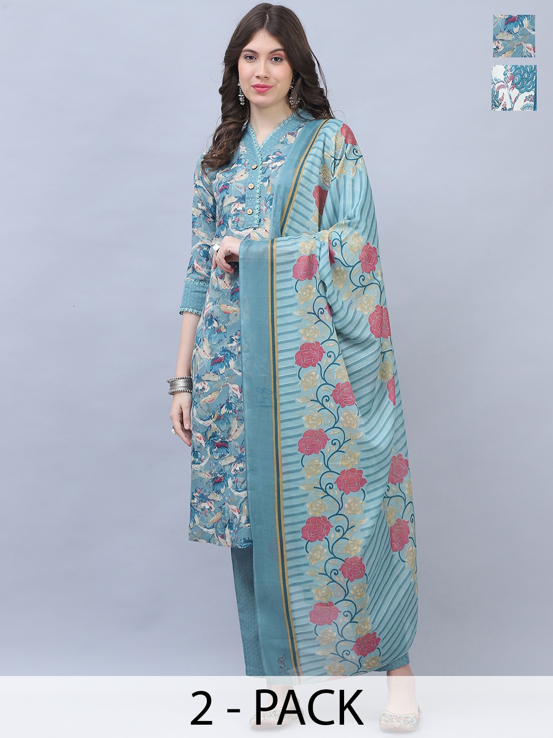 Roly Poly Slection Of 2 Floral Printed Straight Kurta with Trousers & Dupatta, Turquoise blue
Roly Poly Slection Of 2 Floral Printed Straight Kurta with Trousers & Dupatta, Turquoise blue
