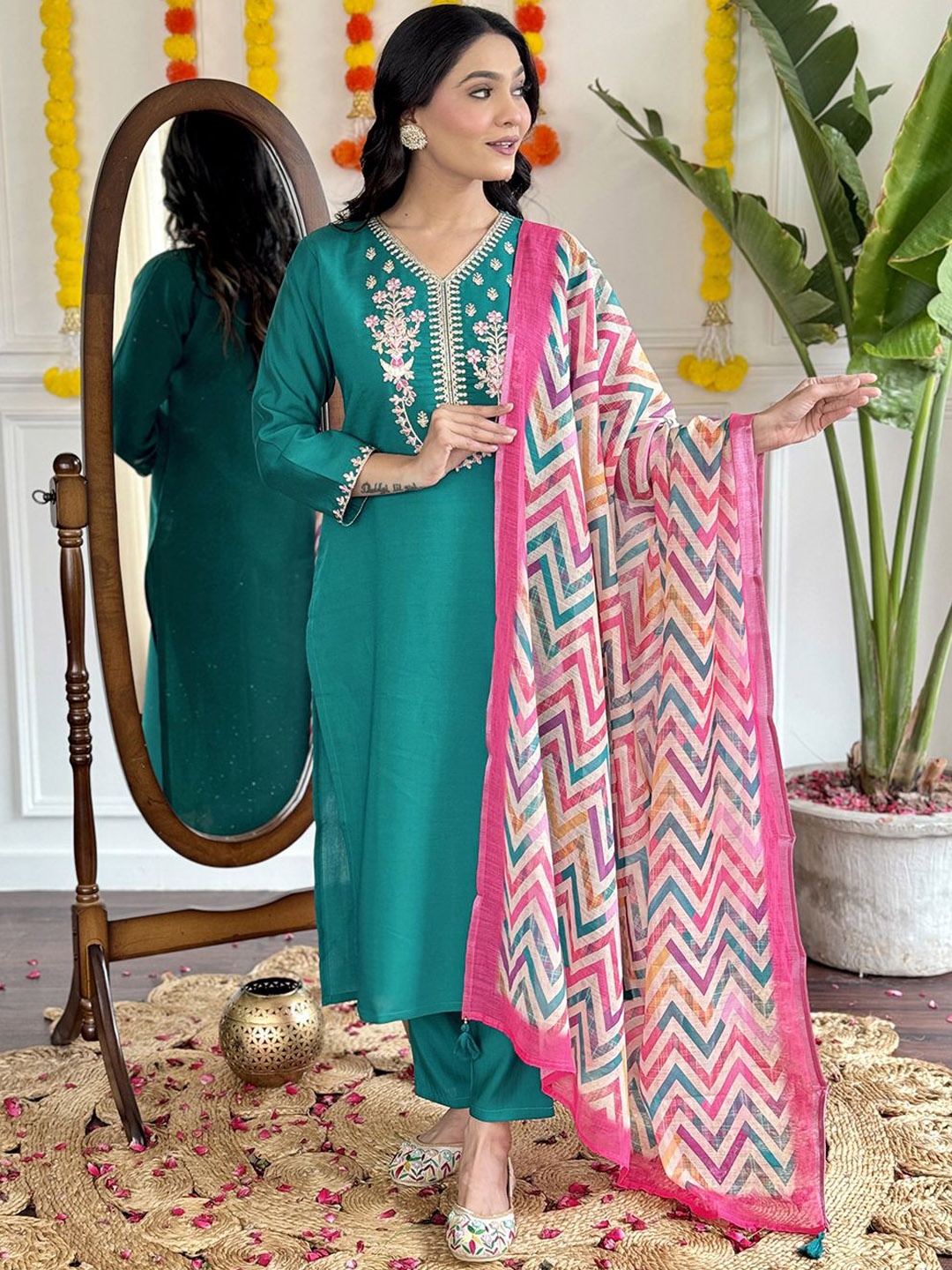 KALINI Women Embroidered Regular Kurta with Trousers & With Dupatta, Sea green
KALINI Women Embroidered Regular Kurta with Trousers & With Dupatta, Sea green