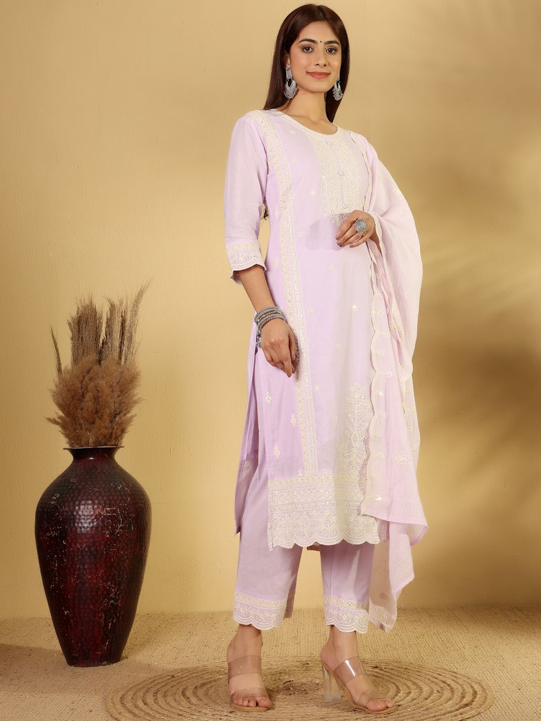 House of Pataudi Floral Embroidered Pure Cotton Straight Kurta With Trousers And Dupatta, Lavender
House of Pataudi Floral Embroidered Pure Cotton Straight Kurta With Trousers And Dupatta, Lavender