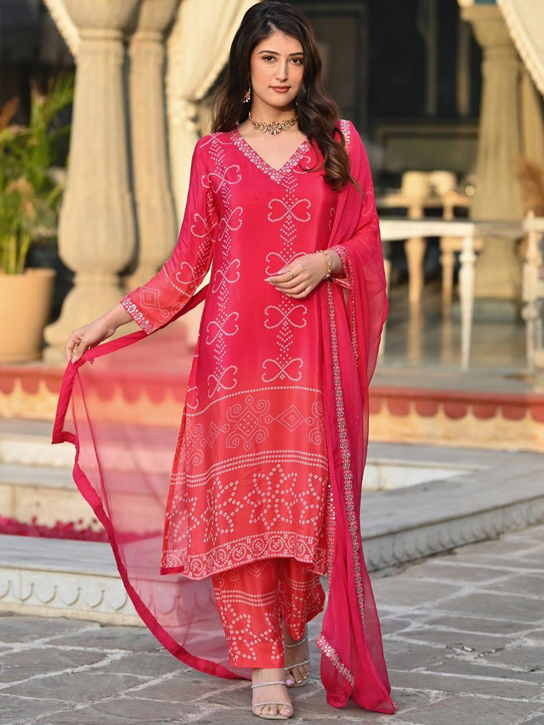 SANJANA SILK Bandhani Printed V-Neck Silk Chiffon Kurta With Trousers & Dupatta, Pink
SANJANA SILK Bandhani Printed V-Neck Silk Chiffon Kurta With Trousers & Dupatta, Pink