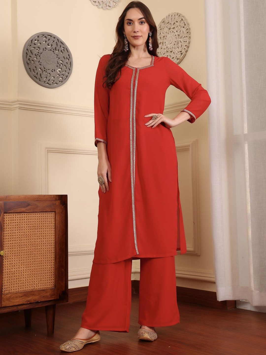 ADORNIA Square Neck Gotta Patti Georgette Straight Kurta With Palazzos & Dupatta, Red
ADORNIA Square Neck Gotta Patti Georgette Straight Kurta With Palazzos & Dupatta, Red