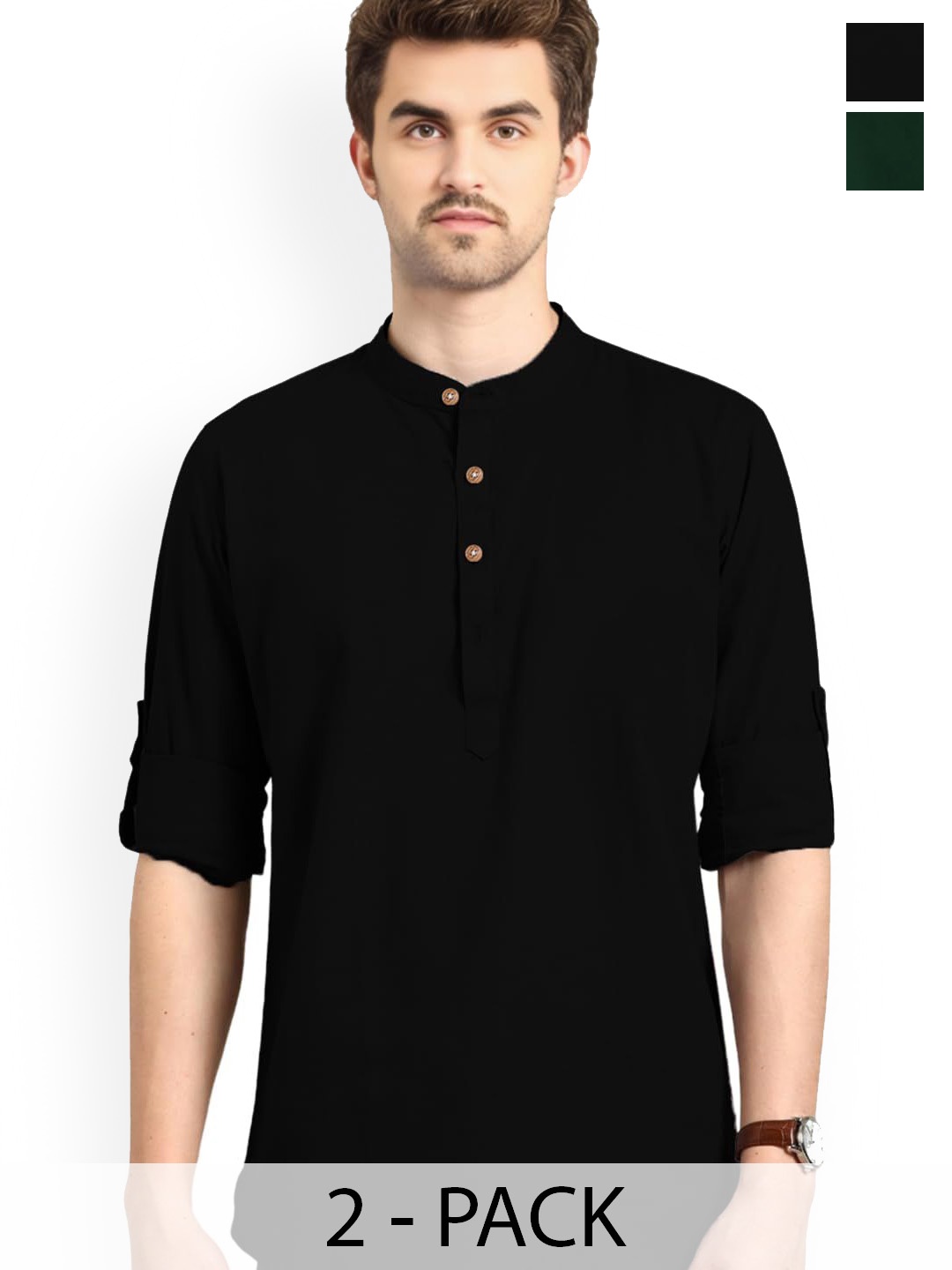 univibe Selection Of 2 Band Collar Rolled-Up Sleeves Pure Cotton Slim Fit Kurtas, Black
univibe Selection Of 2 Band Collar Rolled-Up Sleeves Pure Cotton Slim Fit Kurtas, Black