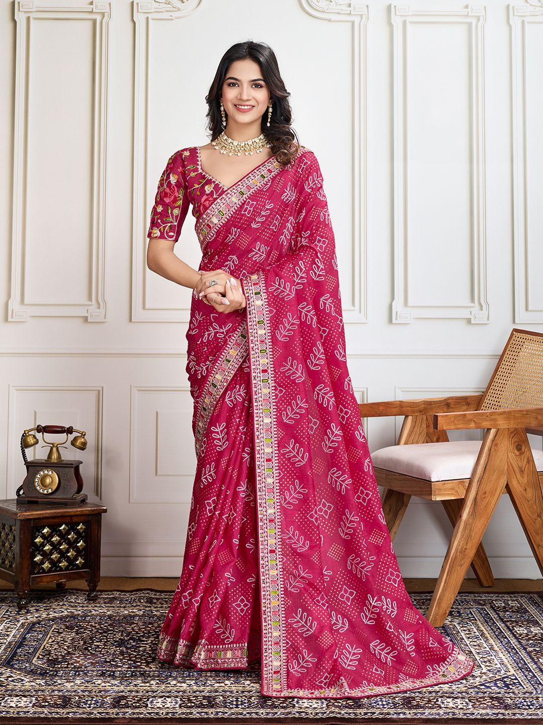 House of Pataudi Panetar-2 Bandhani Printed With Embroidered Saree With Unstitched Blouse, Pink
House of Pataudi Panetar-2 Bandhani Printed With Embroidered Saree With Unstitched Blouse, Pink