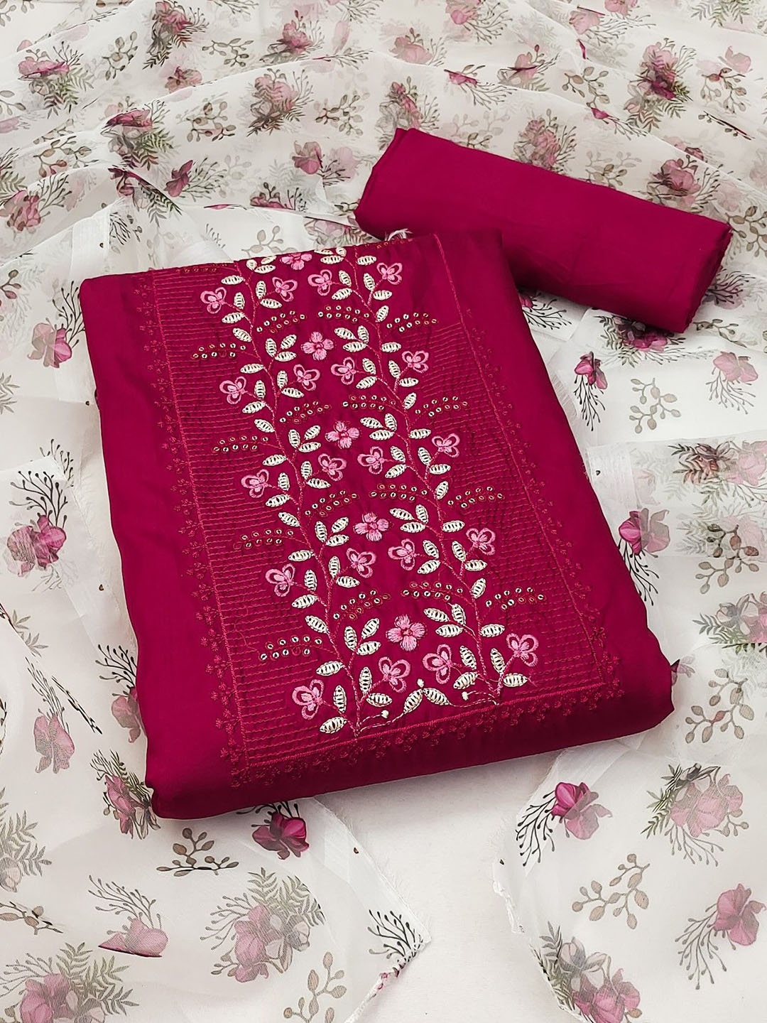 Rangtulika Ethnics Floral Embroidered Sequinned Chanderi Cotton Unstitched Dress Material, Pink
Rangtulika Ethnics Floral Embroidered Sequinned Chanderi Cotton Unstitched Dress Material, Pink