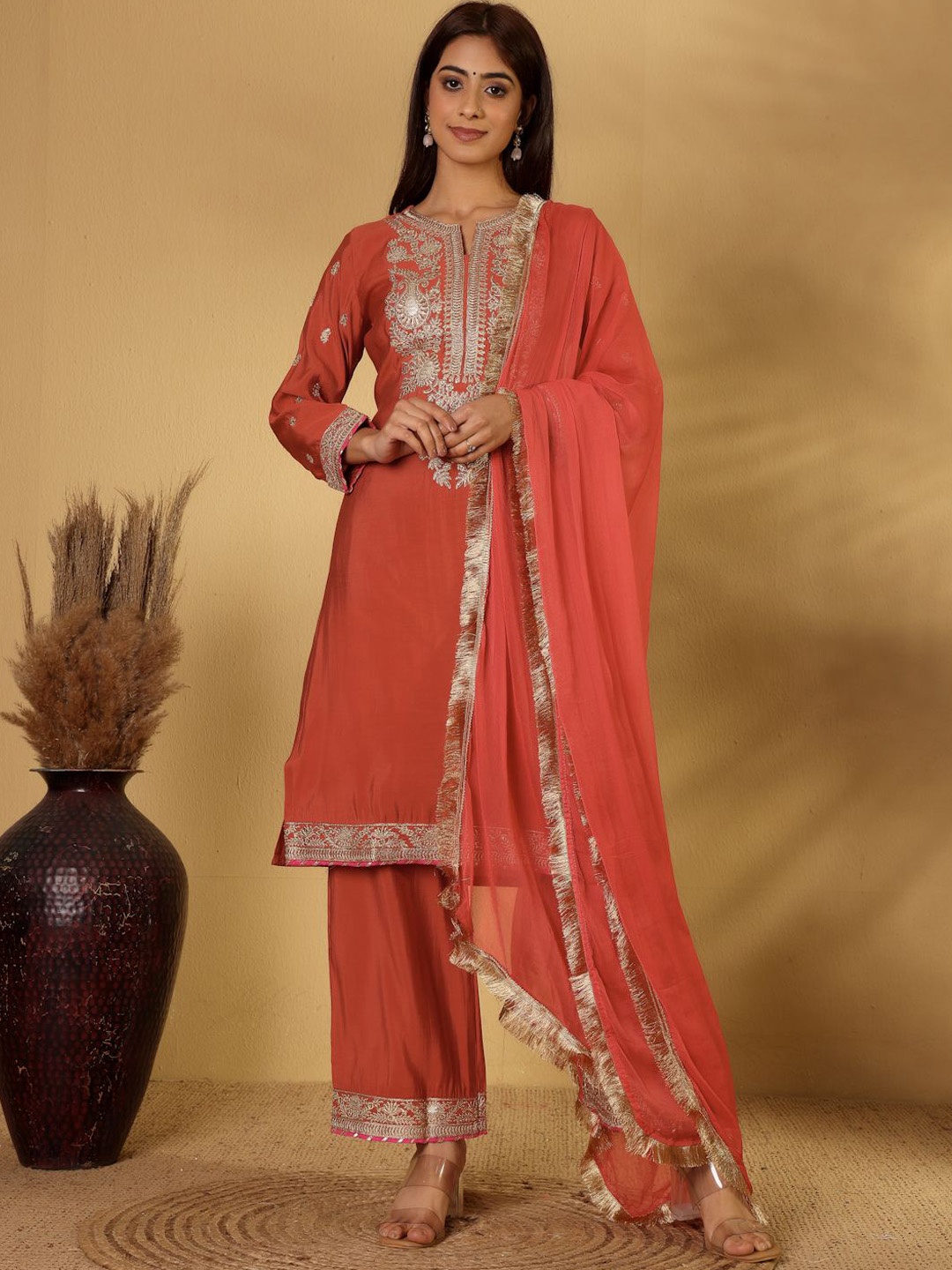 House of Pataudi Embroidered Notch-Neck Straight Kurta With Trousers And Dupatta, Rust
House of Pataudi Embroidered Notch-Neck Straight Kurta With Trousers And Dupatta, Rust