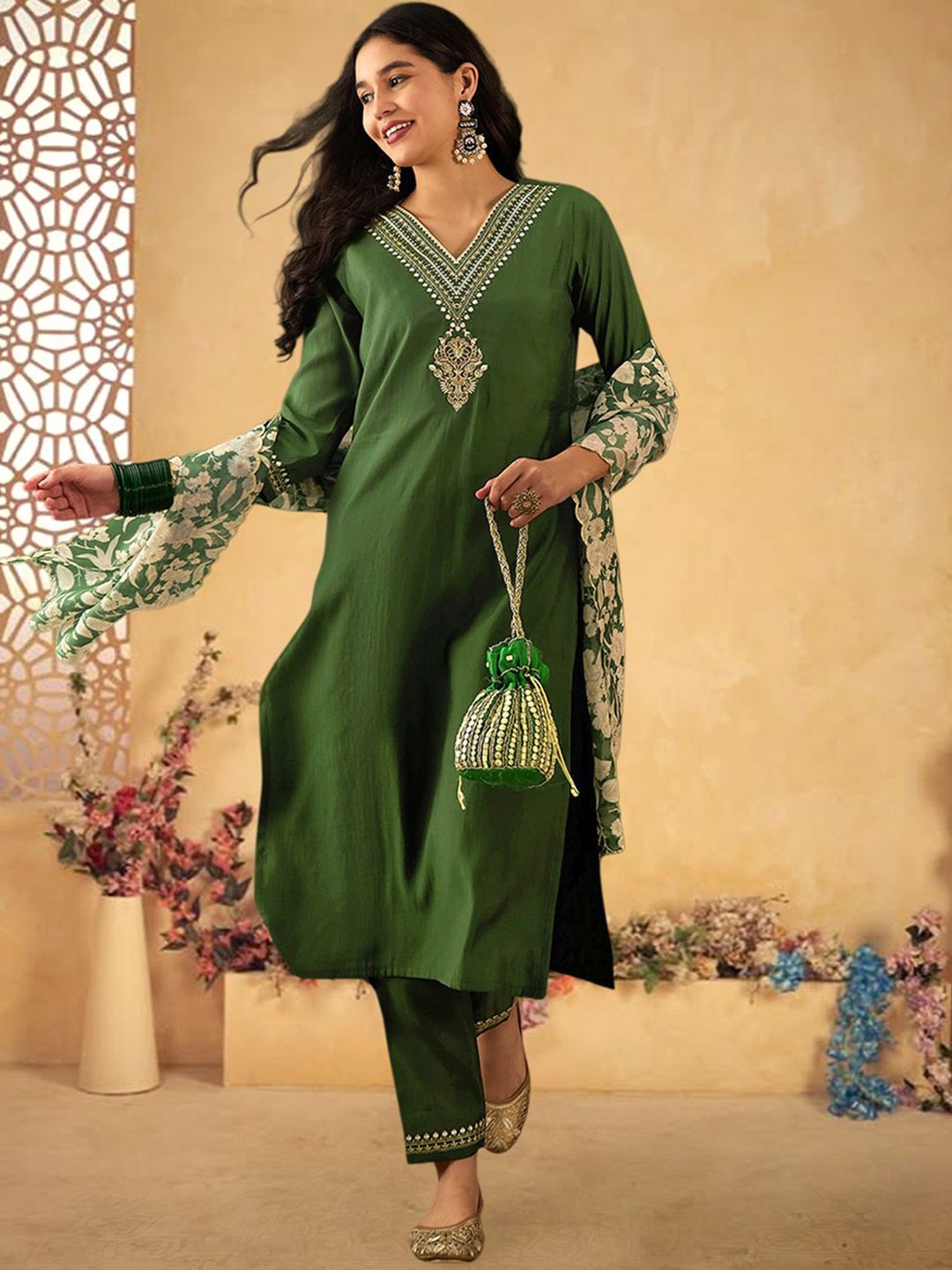 Sangria Floral Yoke Design V-Neck Mirror Work Straight Kurta With Trouser & Dupatta, Green
Sangria Floral Yoke Design V-Neck Mirror Work Straight Kurta With Trouser & Dupatta, Green