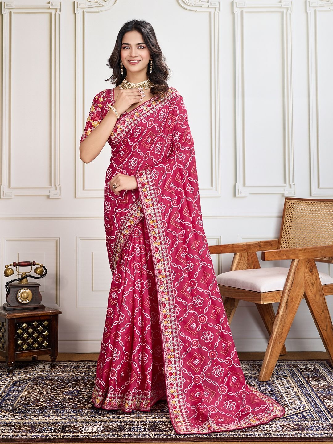 House of Pataudi Panetar Bandhani Printed With Embroidered Saree With Unstitched Blouse, Pink
House of Pataudi Panetar Bandhani Printed With Embroidered Saree With Unstitched Blouse, Pink