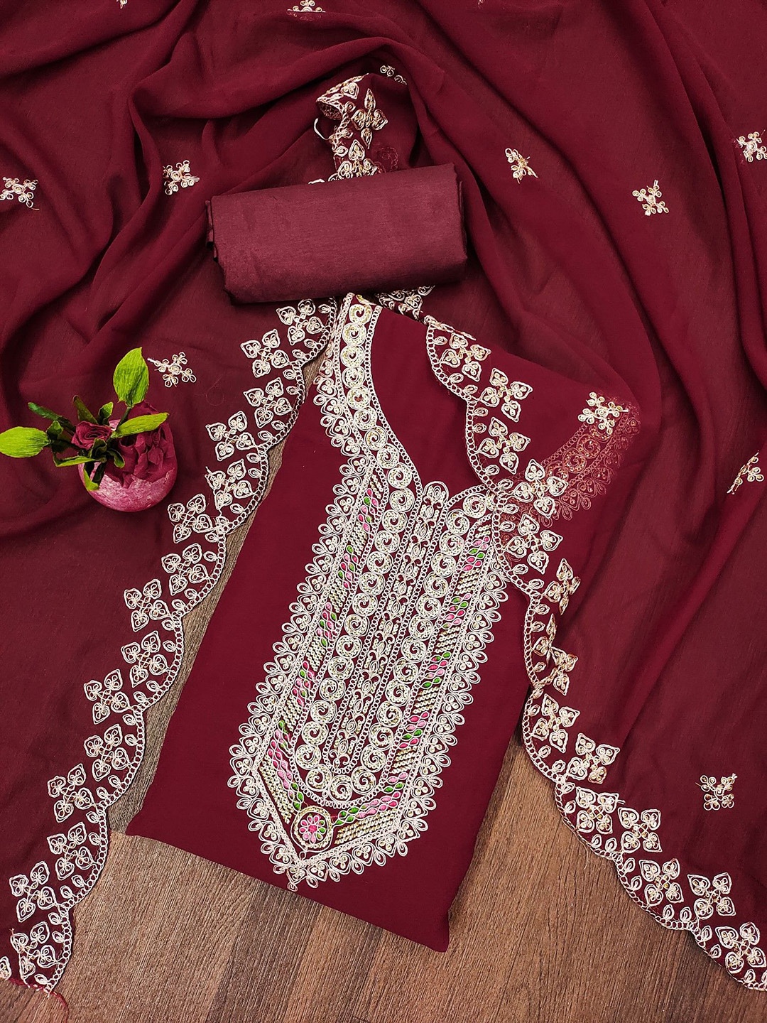 Rangtulika Floral Embroidered Sequinned Soft Georgette Unstitched Dress Material, Maroon
Rangtulika Floral Embroidered Sequinned Soft Georgette Unstitched Dress Material, Maroon