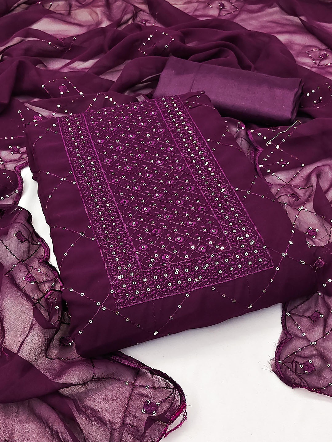 SAINOOR Geometric Embroidered Sequinned Silk Georgette Unstitched Dress Material, Purple
SAINOOR Geometric Embroidered Sequinned Silk Georgette Unstitched Dress Material, Purple