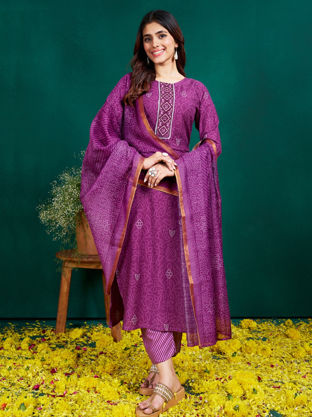 KAYOMMI Floral Bandhani Round Neck Straight Kurta With Trousers & Dupatta, Purple
KAYOMMI Floral Bandhani Round Neck Straight Kurta With Trousers & Dupatta, Purple