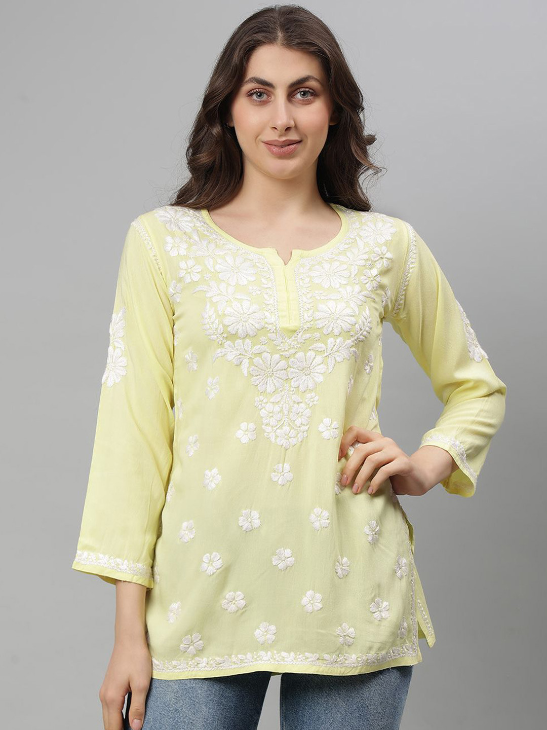 Seva Chikan Ethnic Motifs Embroidered Chikankari Handloom Chikankari Kurti, Yellow
Seva Chikan Ethnic Motifs Embroidered Chikankari Handloom Chikankari Kurti, Yellow