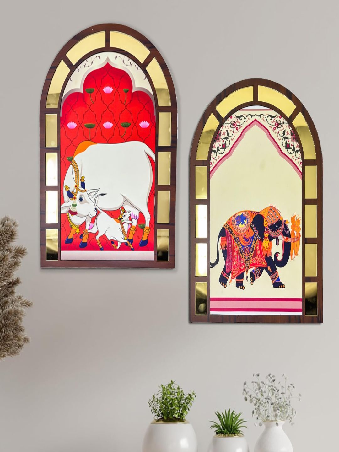 CVANU Yellow & Red 2 Pieces Pichwai Cow Elephant Printed Wooden Jharokha Wall Hangings
CVANU Yellow & Red 2 Pieces Pichwai Cow Elephant Printed Wooden Jharokha Wall Hangings