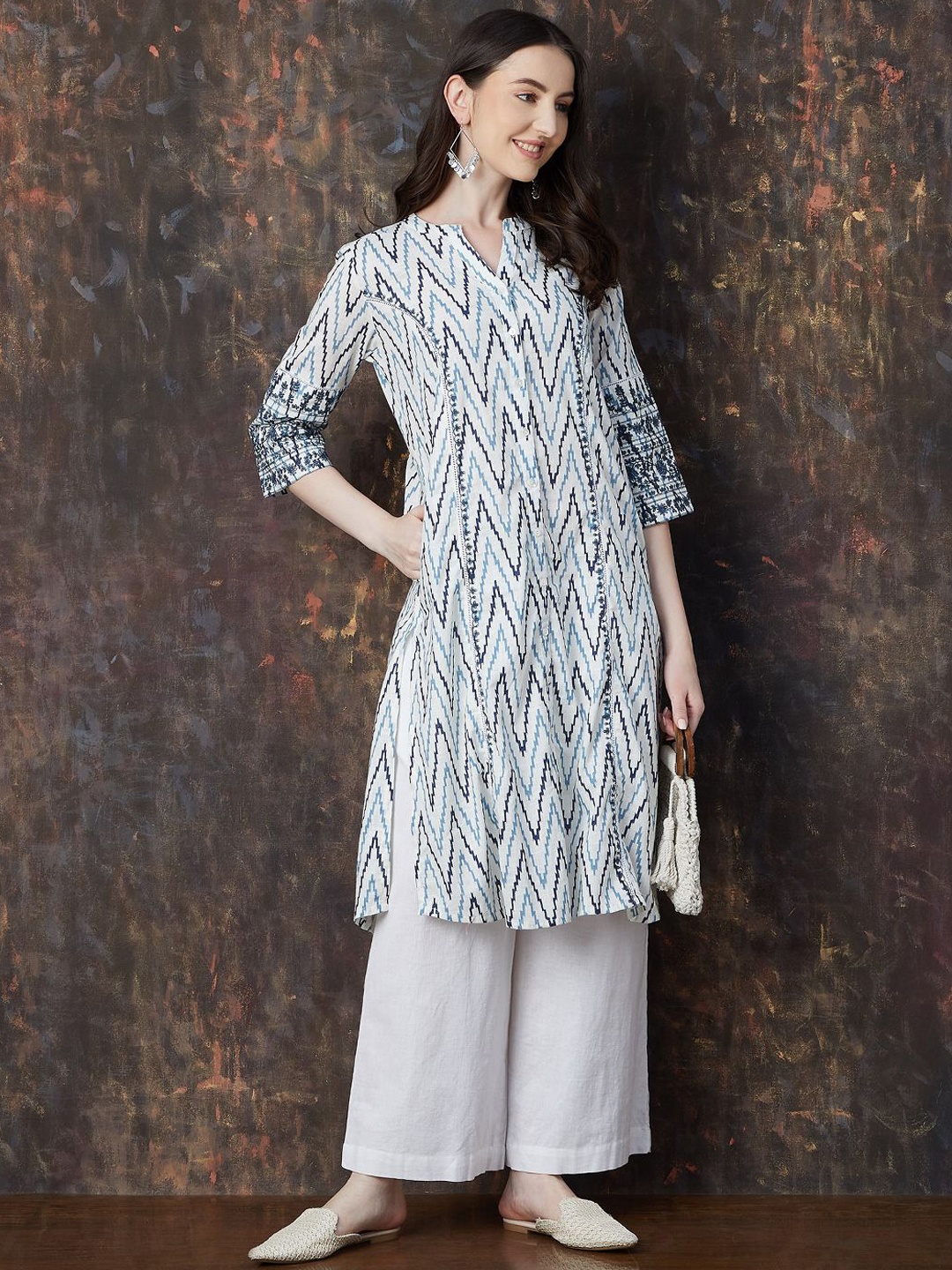 Melange by Lifestyle Chevron Printed Panalled Mandarin Collar Pure Cotton A-Line Kurta, White
Melange by Lifestyle Chevron Printed Panalled Mandarin Collar Pure Cotton A-Line Kurta, White