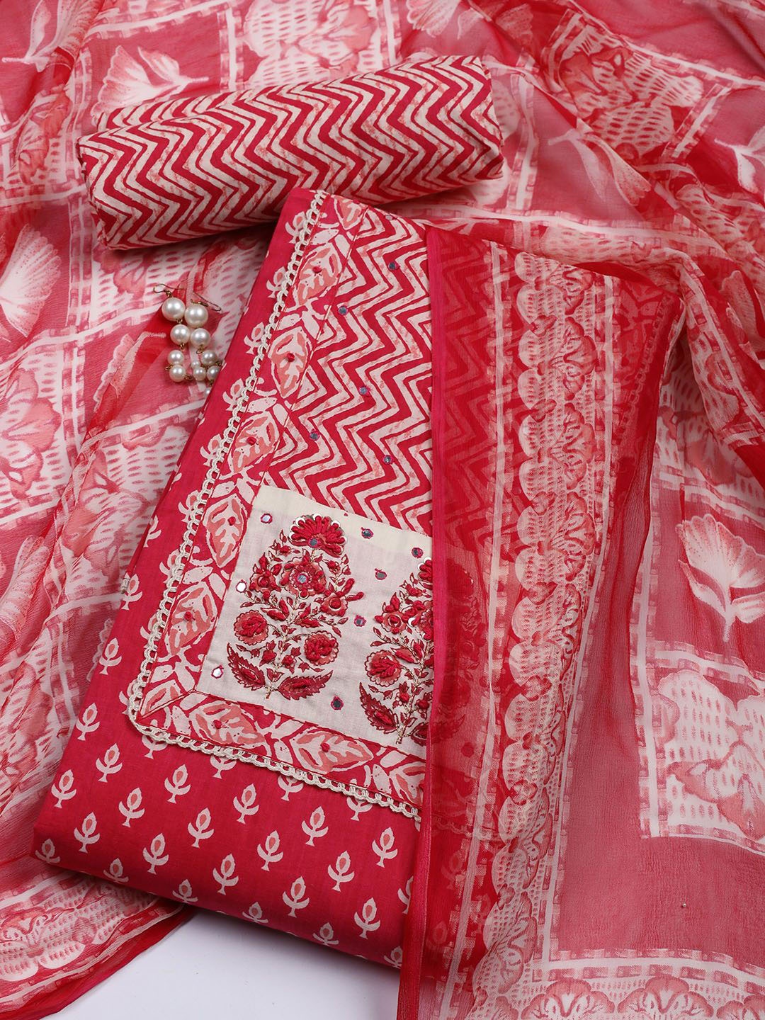 Meena Bazaar Floral Printed Mirror Work Chanderi Silk Unstitched Dress Material, Red
Meena Bazaar Floral Printed Mirror Work Chanderi Silk Unstitched Dress Material, Red