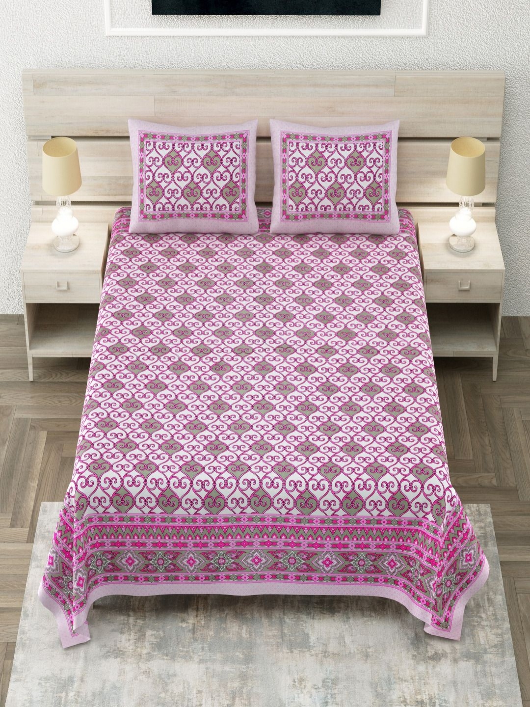 Aapno Rajasthan Pink Ethnic Motifs Pure Cotton 144 TC King Bedsheet Set 2.74 m x 2.74 m
Aapno Rajasthan Pink Ethnic Motifs Pure Cotton 144 TC King Bedsheet Set 2.74 m x 2.74 m