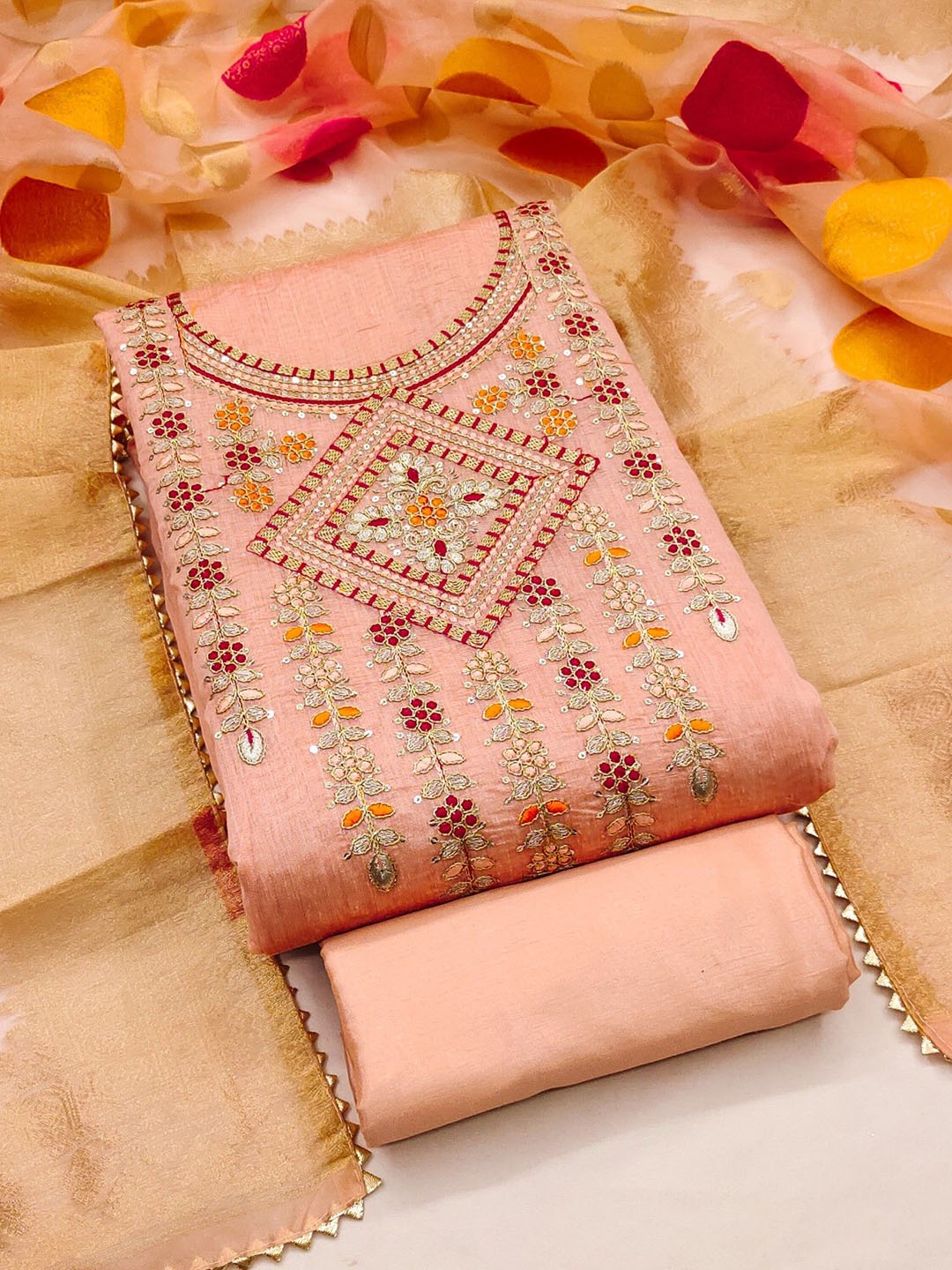 Rangtulika Ethnics Sequinned Embroidered Unstitched Dress Material, Peach
Rangtulika Ethnics Sequinned Embroidered Unstitched Dress Material, Peach