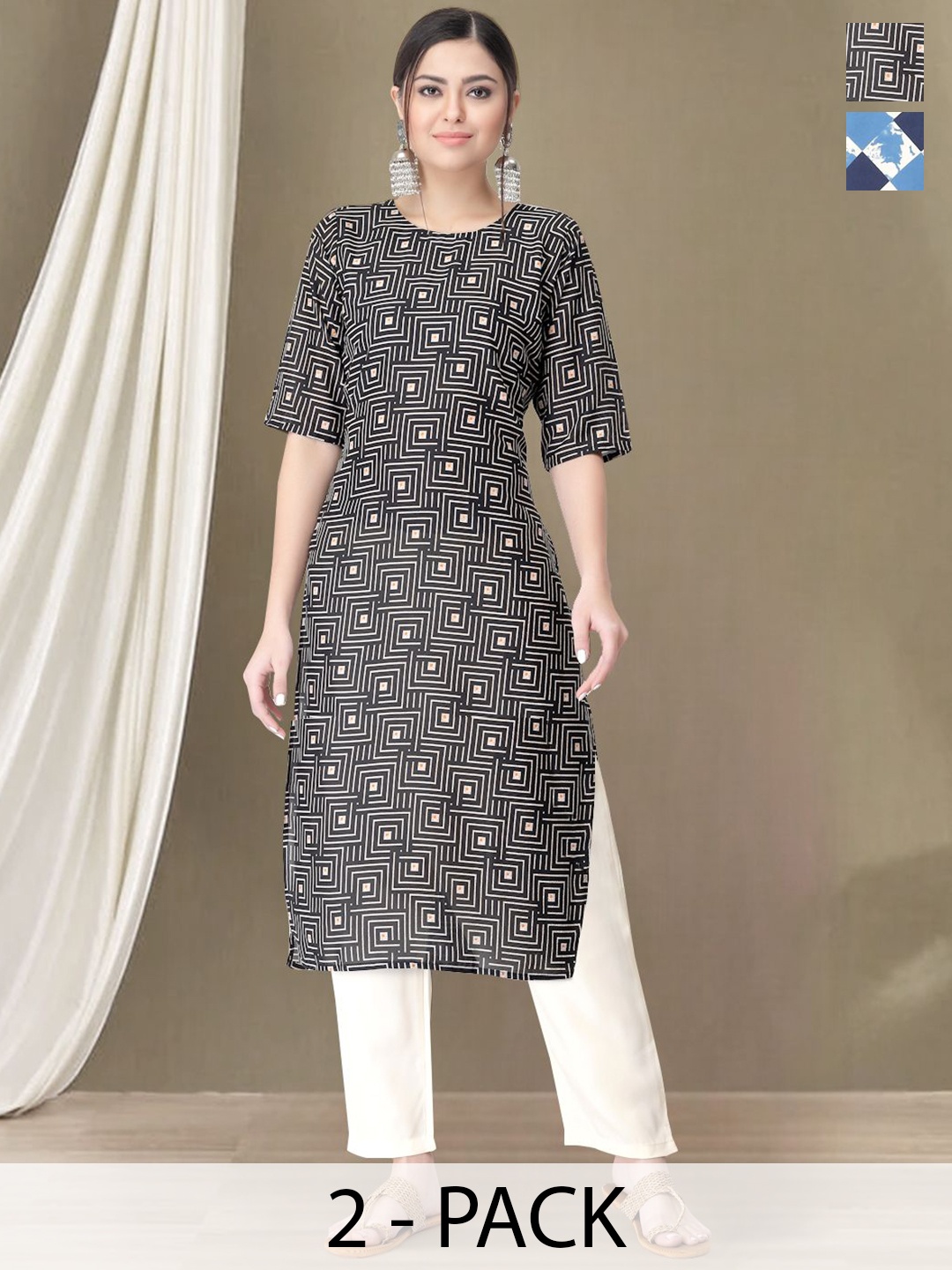 Moda Rapido Selection Of 2 Geometric Printed Round Neck Straight Kurtas With Trousers, Black
Moda Rapido Selection Of 2 Geometric Printed Round Neck Straight Kurtas With Trousers, Black