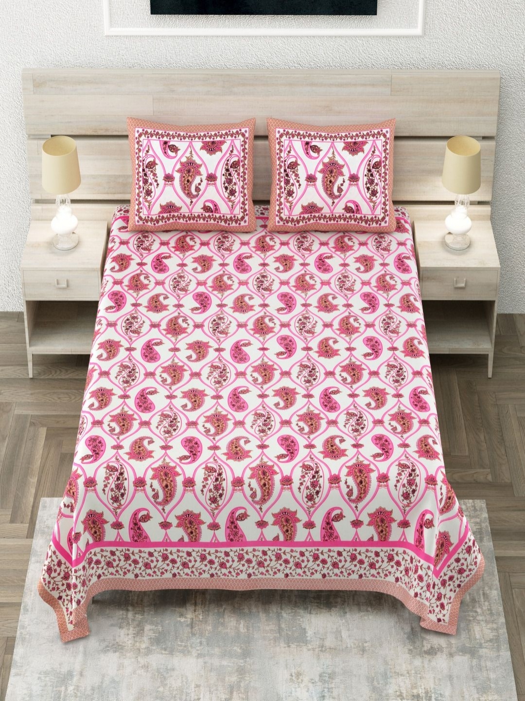 Aapno Rajasthan Pink Ethnic Motifs Pure Cotton 144 TC King Bedsheet Set 2.74 m x 2.74 m
Aapno Rajasthan Pink Ethnic Motifs Pure Cotton 144 TC King Bedsheet Set 2.74 m x 2.74 m