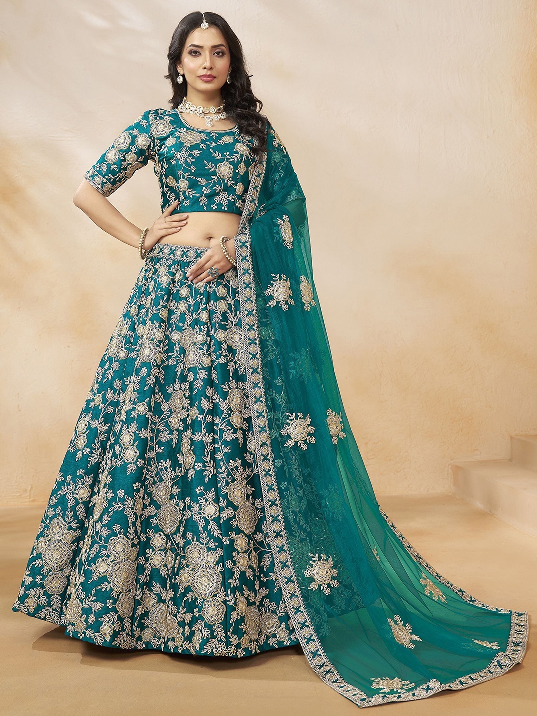 FABPIXEL Embroidered Sequinned Semi-Stitched Lehenga & Blouse With Dupatta, Teal
FABPIXEL Embroidered Sequinned Semi-Stitched Lehenga & Blouse With Dupatta, Teal
