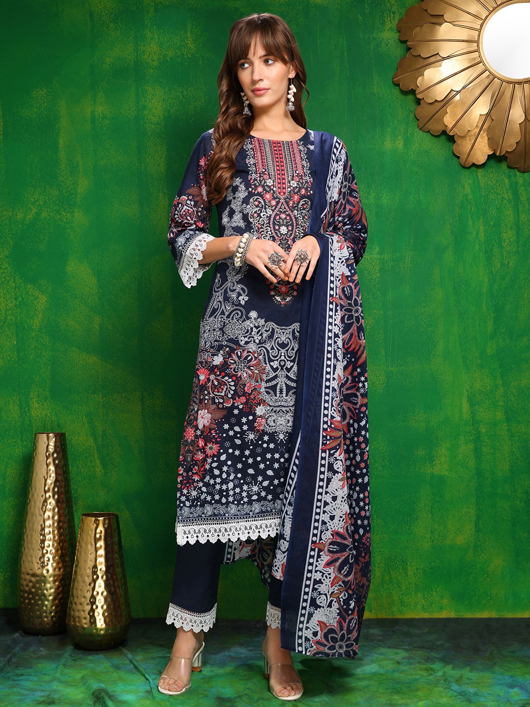KALINI Floral Printed Round Neck Cambric Cotton Straight Kurta With Trousers & Dupatta, Blue
KALINI Floral Printed Round Neck Cambric Cotton Straight Kurta With Trousers & Dupatta, Blue