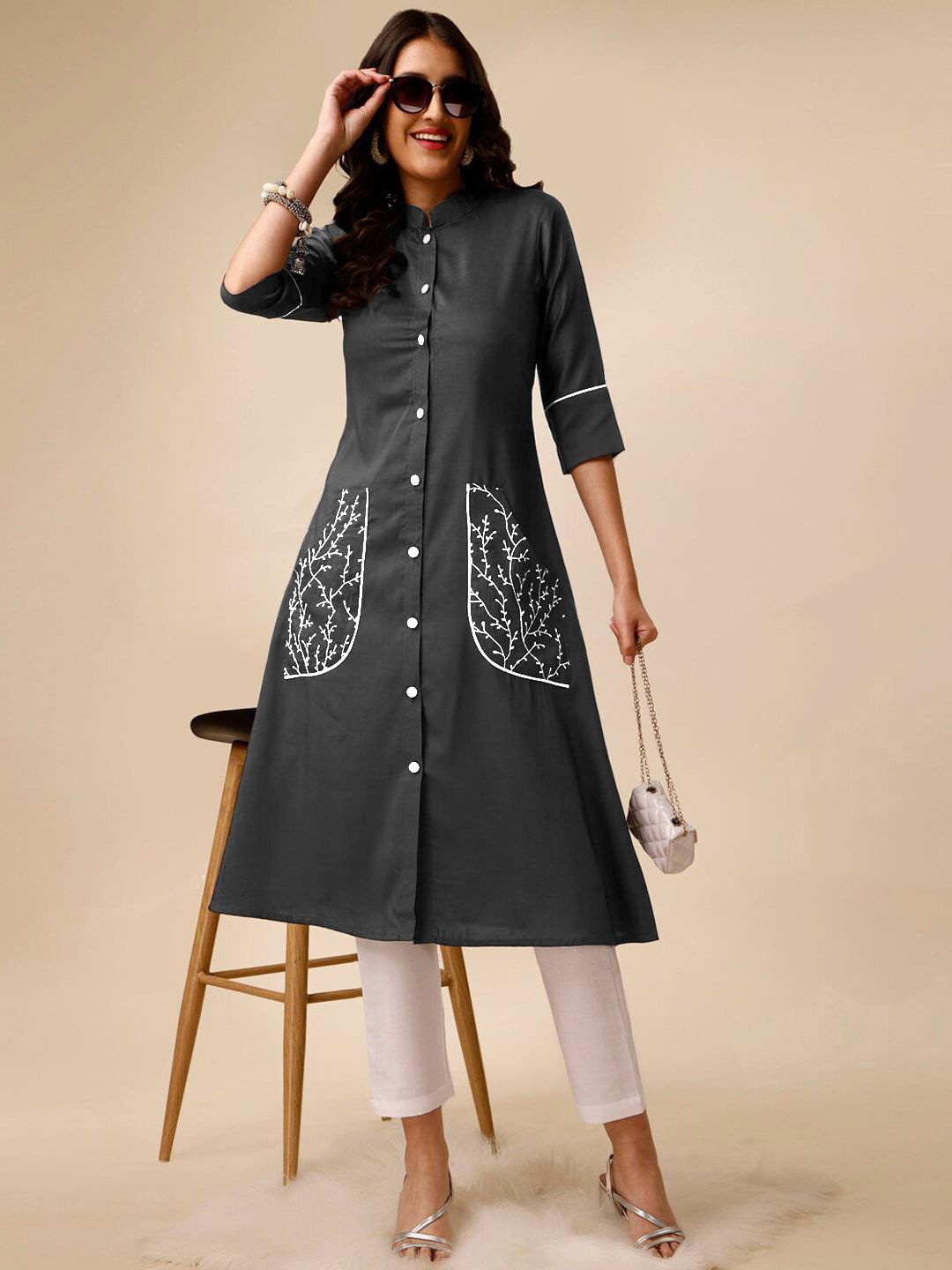 SANCIA Floral Embroidered Thread Work Mandarin Collar Roll-Up Sleeves A-Line Kurta, Grey
SANCIA Floral Embroidered Thread Work Mandarin Collar Roll-Up Sleeves A-Line Kurta, Grey