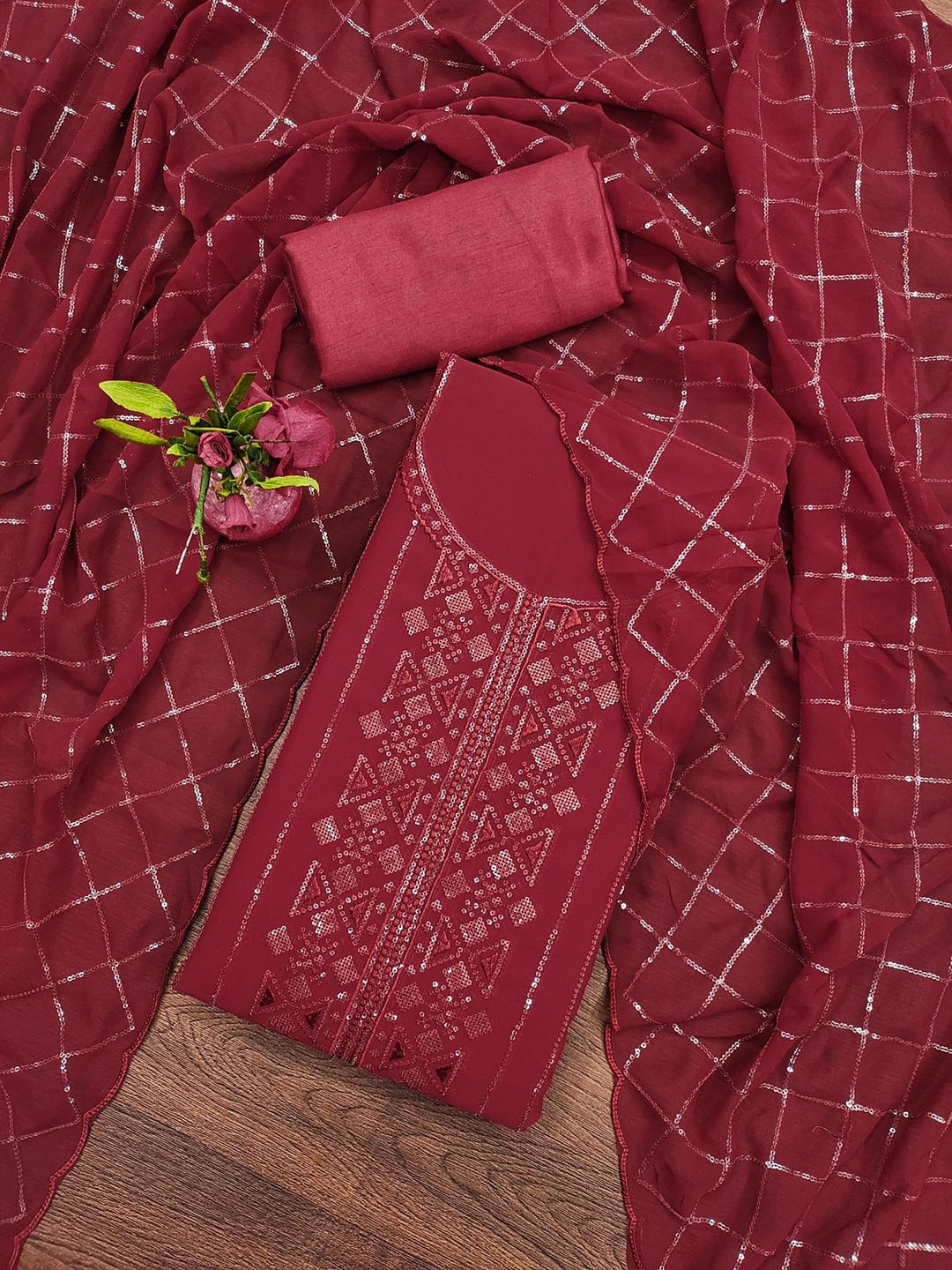 Rangtulika Geometric Embroidered Sequinned Georgette Unstitched Dress Material, Maroon
Rangtulika Geometric Embroidered Sequinned Georgette Unstitched Dress Material, Maroon