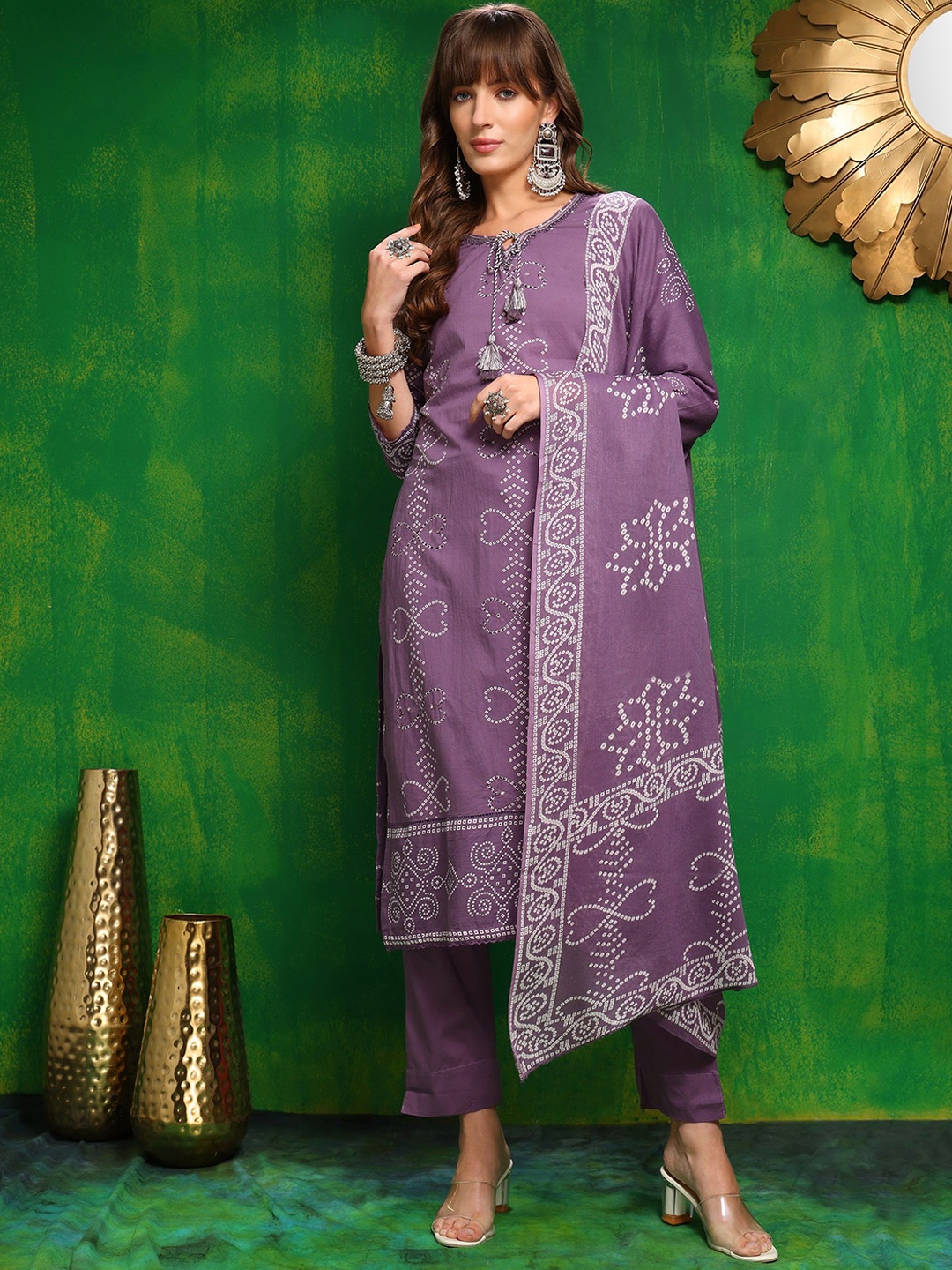 KALINI Bandhani Printed Tie-Up Neck Pure Cotton Straight Kurta With Trousers & Dupatta, Lavender
KALINI Bandhani Printed Tie-Up Neck Pure Cotton Straight Kurta With Trousers & Dupatta, Lavender