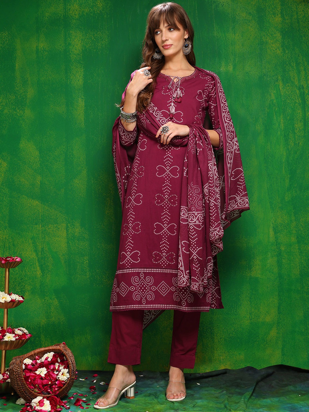 KALINI Bandhani Printed Tie-Up Neck Pure Cotton Straight Kurta With Trousers & Dupatta, Magenta
KALINI Bandhani Printed Tie-Up Neck Pure Cotton Straight Kurta With Trousers & Dupatta, Magenta