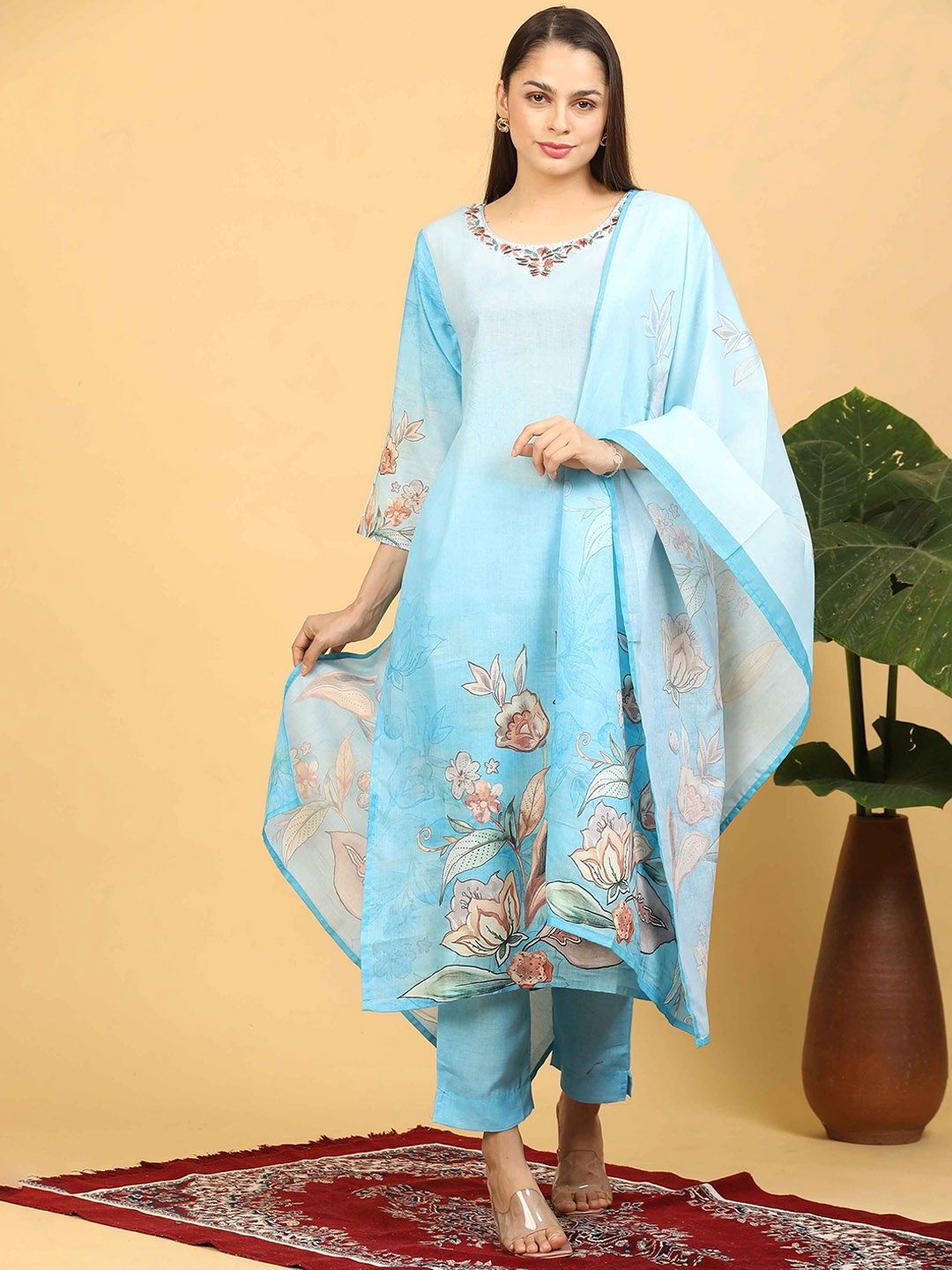 GOLDSTROMS Floral Printed Thread Work Linen Straight Kurta With Trousers & Dupatta, Blue
GOLDSTROMS Floral Printed Thread Work Linen Straight Kurta With Trousers & Dupatta, Blue