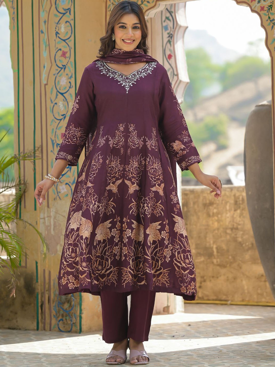 Sindh Fashion Women Floral Printed Panelled Beads and Stones Kurta with Trousers & With Dupatta, Burgundy
Sindh Fashion Women Floral Printed Panelled Beads and Stones Kurta with Trousers & With Dupatta, Burgundy