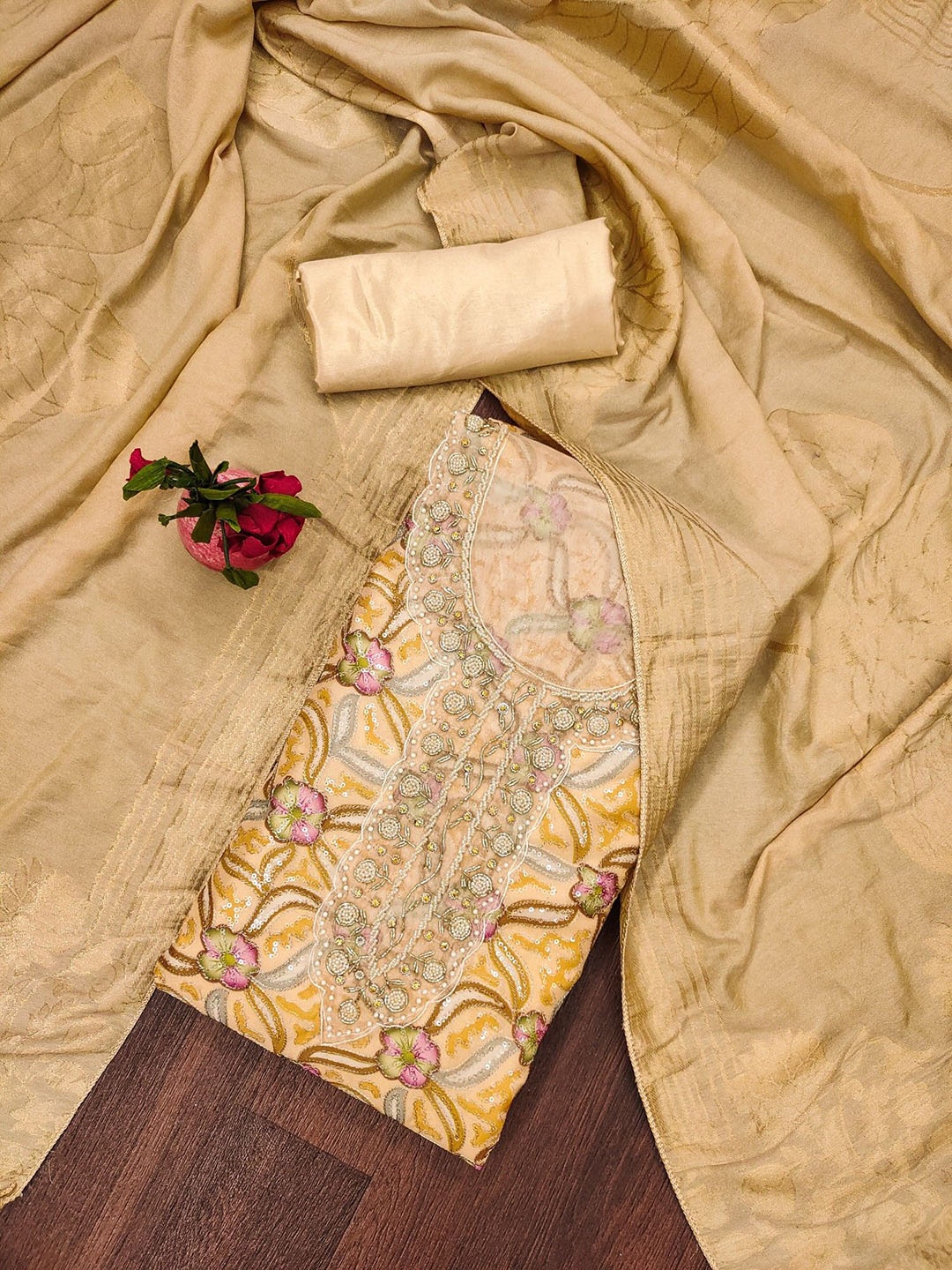 Rangtulika Floral Embroidered Beads and Stones Organza Unstitched Dress Material, Beige
Rangtulika Floral Embroidered Beads and Stones Organza Unstitched Dress Material, Beige