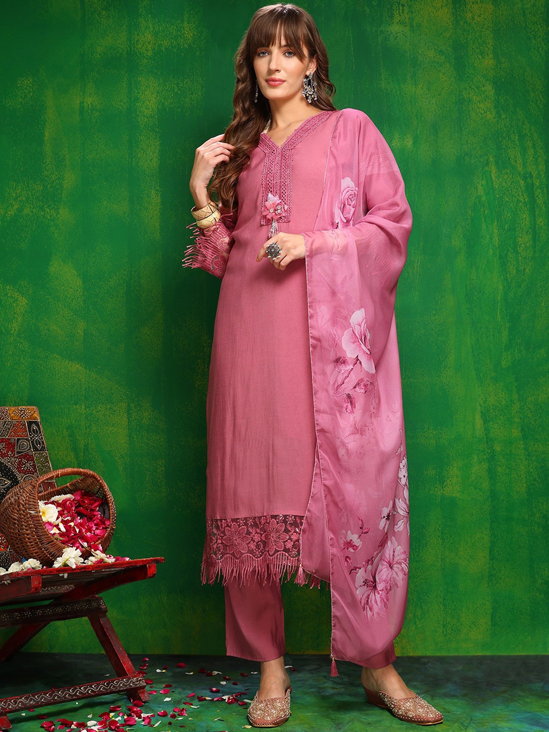 KALINI Floral Self Design V -Neck Chanderi Cotton Straight Kurta With Trousers & Dupatta, Pink
KALINI Floral Self Design V -Neck Chanderi Cotton Straight Kurta With Trousers & Dupatta, Pink