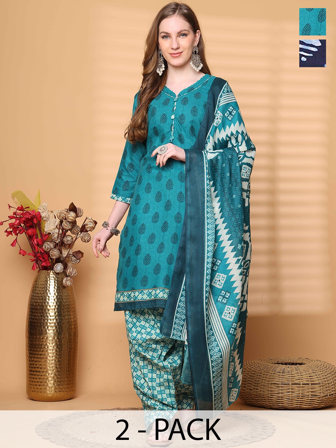 Rajnandini Selection Of 2 Floral Printed V-Neck Straight Kurtas With Salwars & Dupattas, Blue
Rajnandini Selection Of 2 Floral Printed V-Neck Straight Kurtas With Salwars & Dupattas, Blue