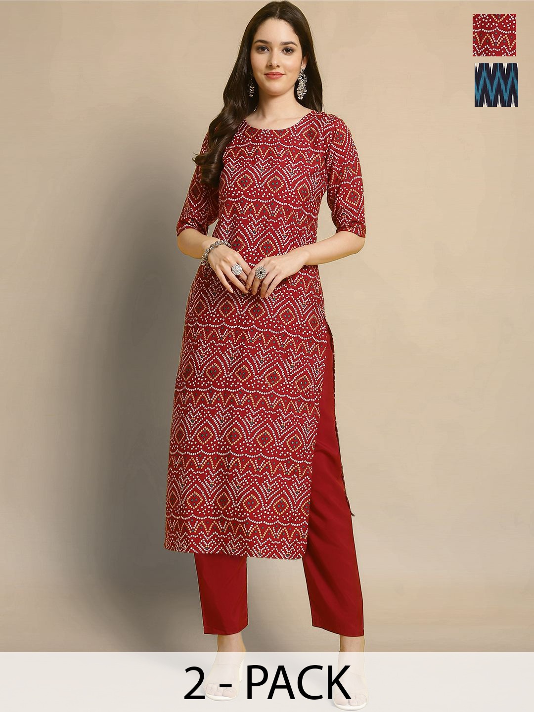 Moda Rapido Selection Of 2 Bandhani Printed Round Neck Straight Kurta With Trousers, Red
Moda Rapido Selection Of 2 Bandhani Printed Round Neck Straight Kurta With Trousers, Red