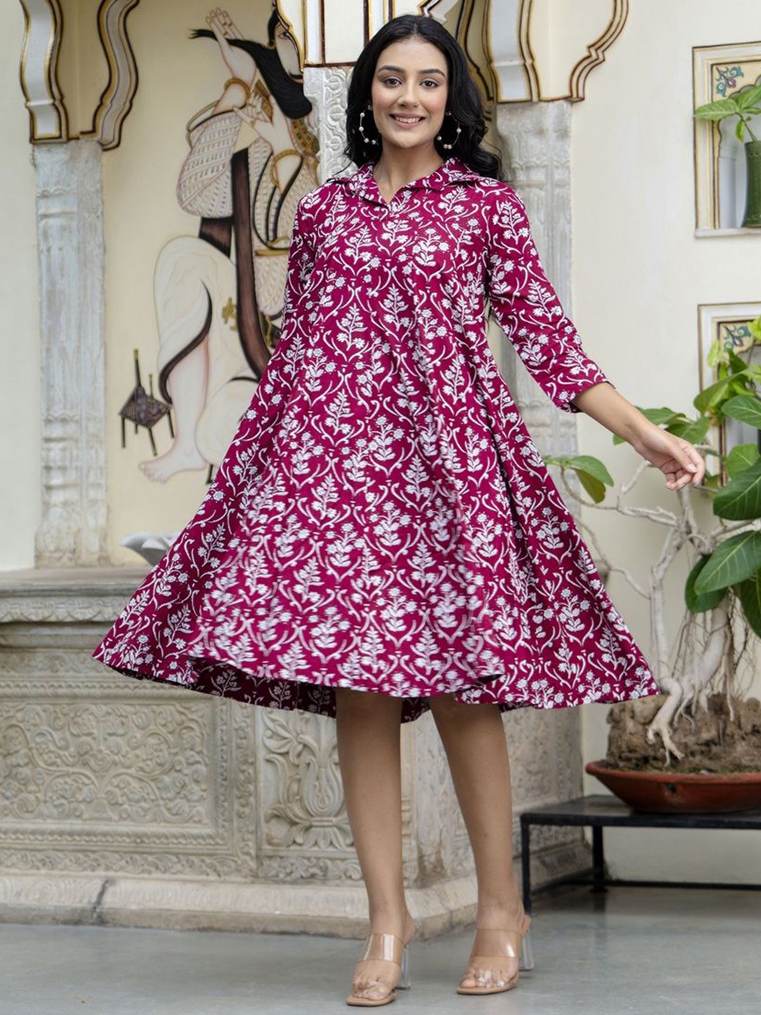 Jollity Floral Printed Shirt Collar Three-Quarter Sleeves A-Line Ethnic Dress, Maroon
Jollity Floral Printed Shirt Collar Three-Quarter Sleeves A-Line Ethnic Dress, Maroon