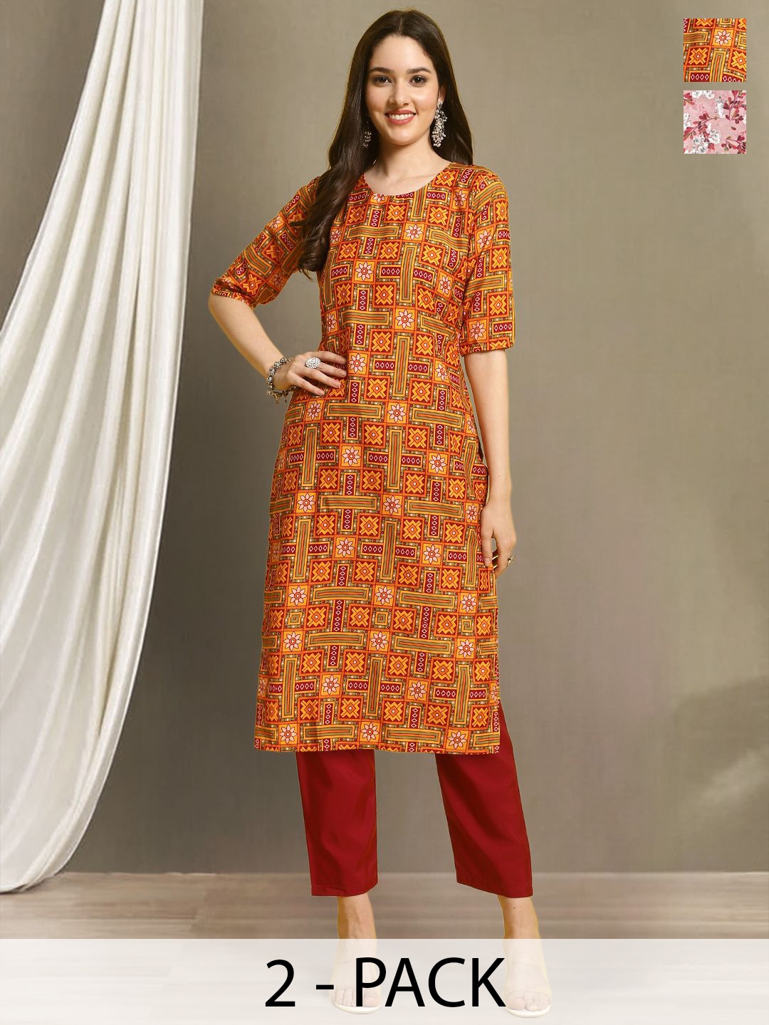 Moda Rapido Selection Of 2 Ethnic Motifs Printed Round Neck Straight Kurtas With Trousers, Orange
Moda Rapido Selection Of 2 Ethnic Motifs Printed Round Neck Straight Kurtas With Trousers, Orange