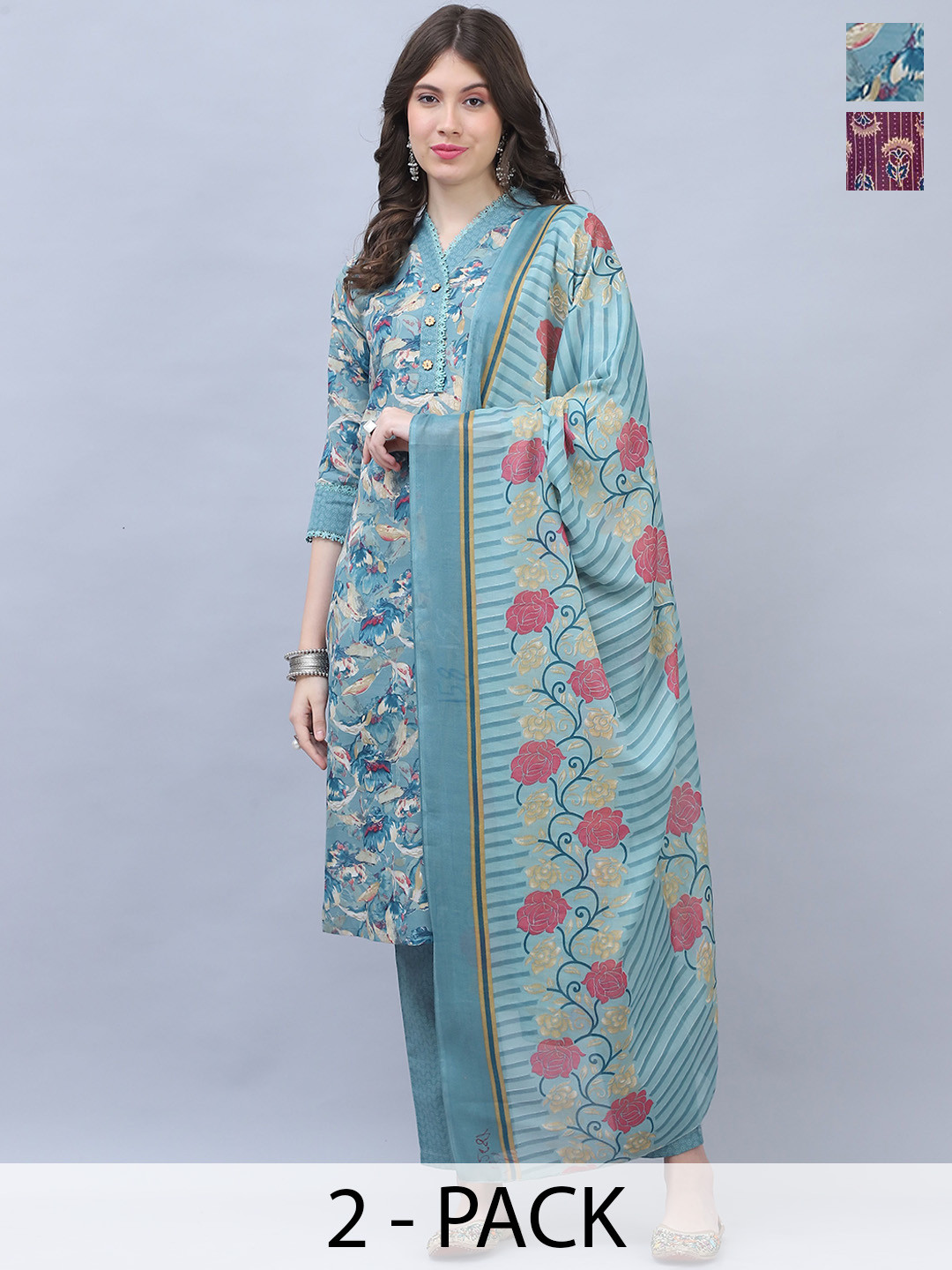 Rajnandini Selection Of 2 Floral Printed V-Neck Straight Kurta With Trouser & Dupatta, Blue
Rajnandini Selection Of 2 Floral Printed V-Neck Straight Kurta With Trouser & Dupatta, Blue
