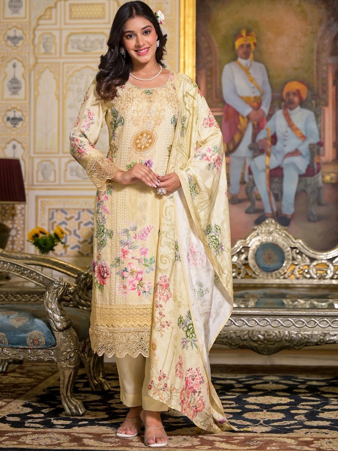 Sindh Fashion Women Floral Printed Regular Kurta with Trousers & With Dupatta, Yellow
Sindh Fashion Women Floral Printed Regular Kurta with Trousers & With Dupatta, Yellow