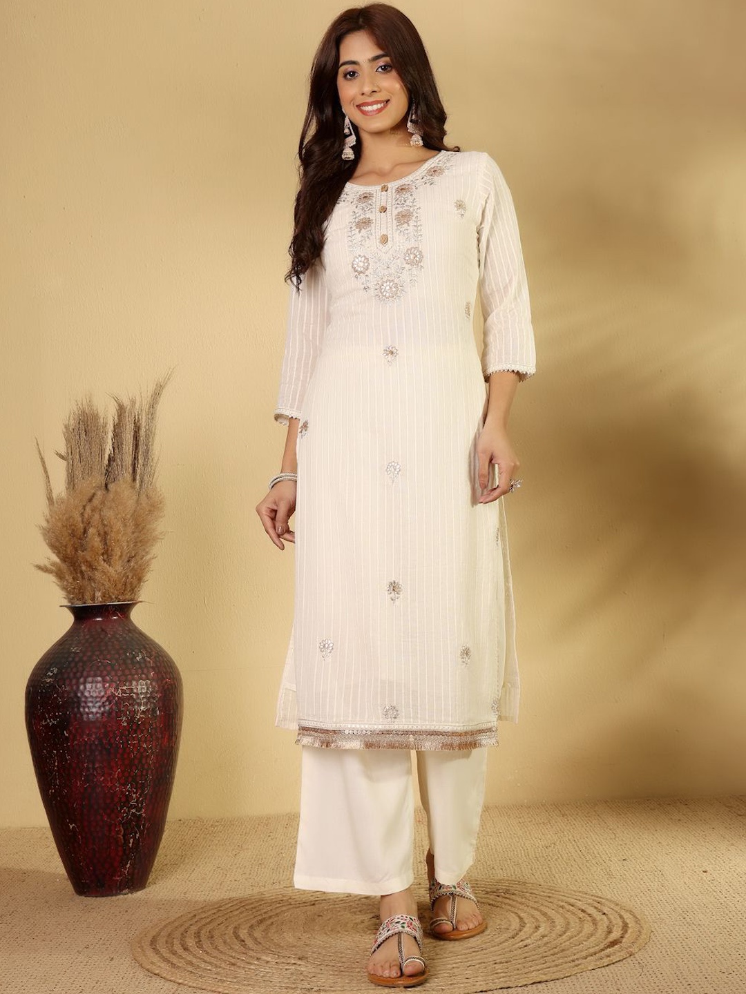 House of Pataudi Striped Embroidered Sequins Straight Kurta With Trouser & Dupatta, Off white
House of Pataudi Striped Embroidered Sequins Straight Kurta With Trouser & Dupatta, Off white