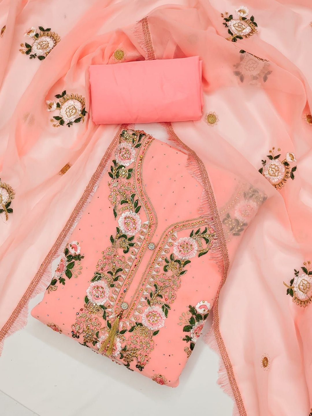 Rangtulika Floral Embroidered Beads & Stones Georgette Unstitched Dress Material, Peach
Rangtulika Floral Embroidered Beads & Stones Georgette Unstitched Dress Material, Peach