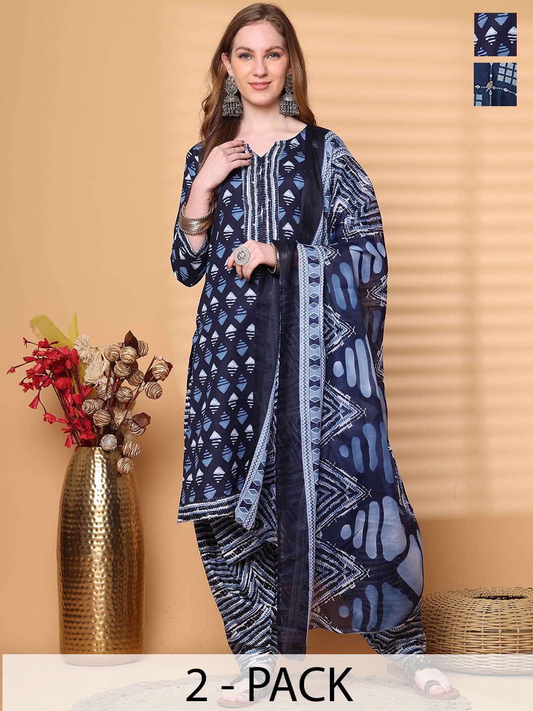 Rajnandini Selection Of 2 Floral Printed Notch Neck Straight Kurtas With Salwar & Dupattas, Navy blue
Rajnandini Selection Of 2 Floral Printed Notch Neck Straight Kurtas With Salwar & Dupattas, Navy blue