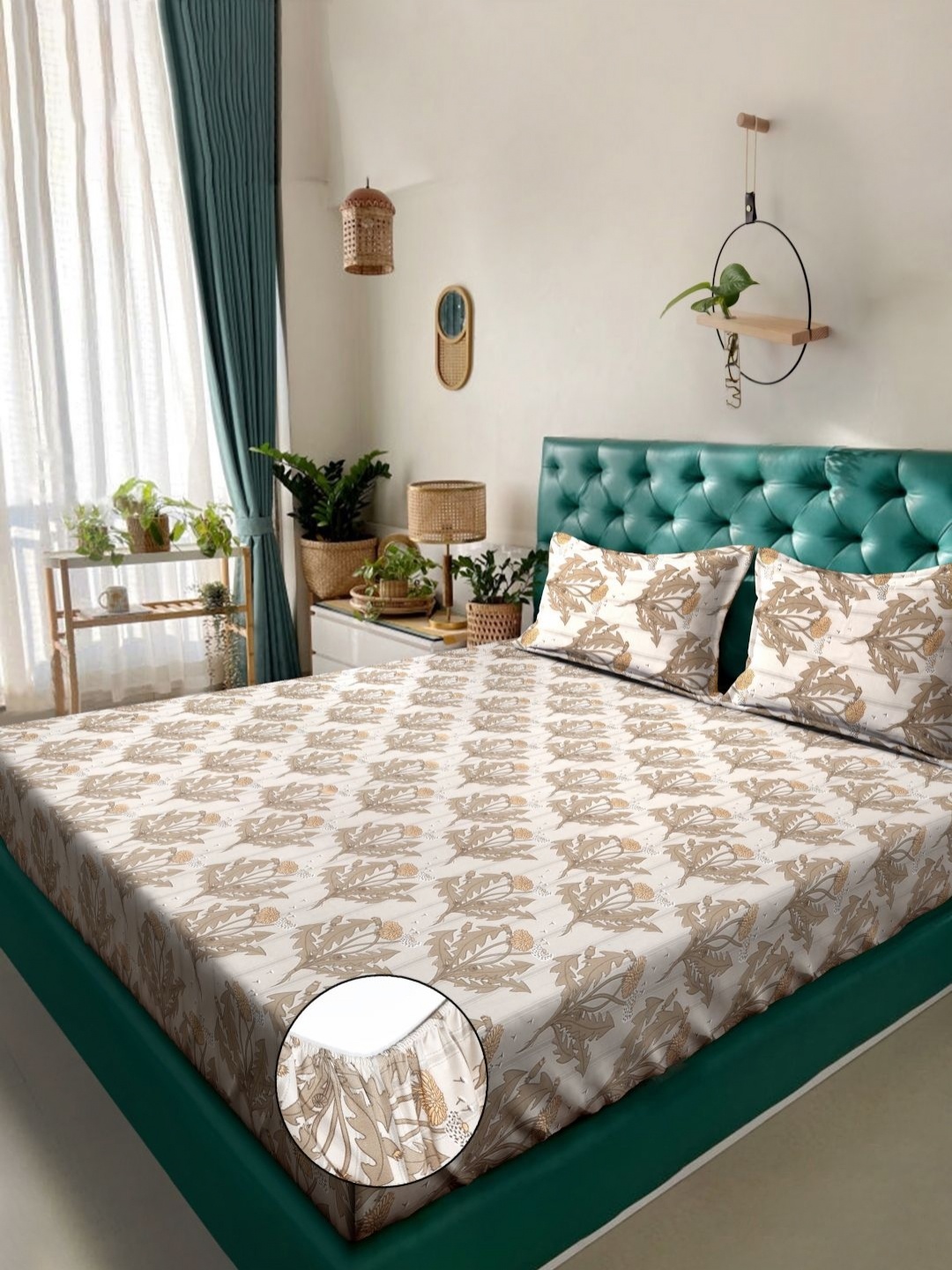 KLOTTHE Beige & Green Floral Fitted 300 TC Super King Double Bedsheet With 2 Pillow Cover
KLOTTHE Beige & Green Floral Fitted 300 TC Super King Double Bedsheet With 2 Pillow Cover