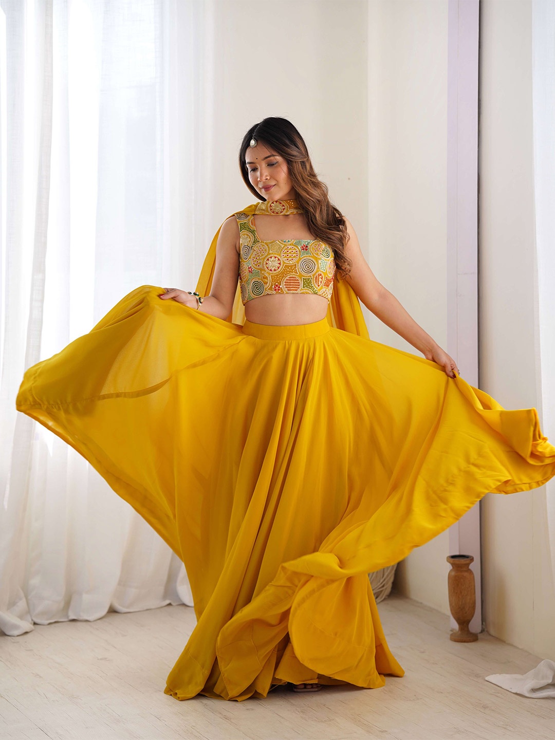 LABELKBBRAND Embroidered Thread Work Ready to Wear Lehenga & Blouse With Dupatta, Yellow
LABELKBBRAND Embroidered Thread Work Ready to Wear Lehenga & Blouse With Dupatta, Yellow