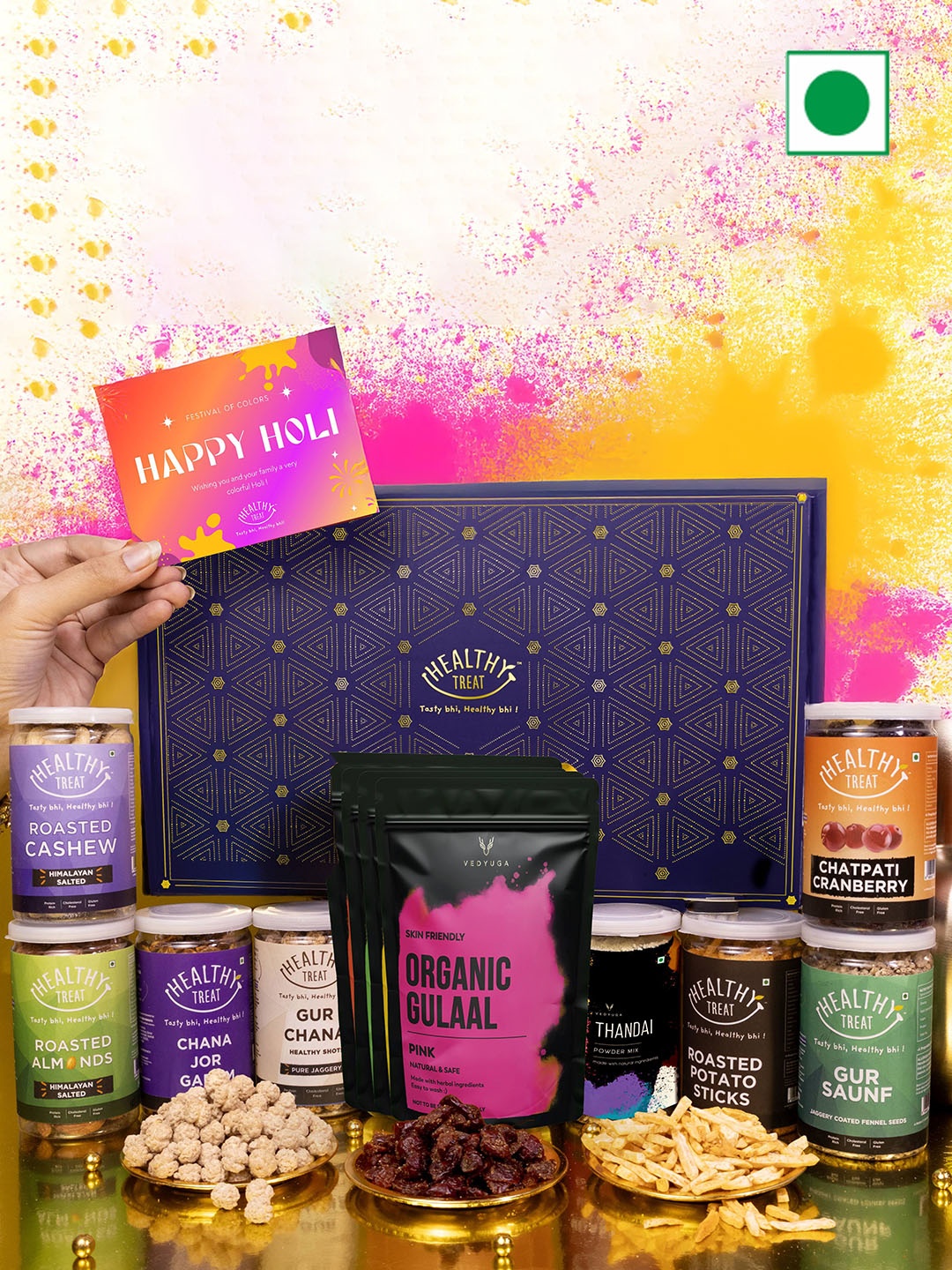 Healthy Treat Set Of 13 Dry Fruits, Snacks, Thandai, Herbal Gulal & Holi Card Gifts, Blue
Healthy Treat Set Of 13 Dry Fruits, Snacks, Thandai, Herbal Gulal & Holi Card Gifts, Blue
