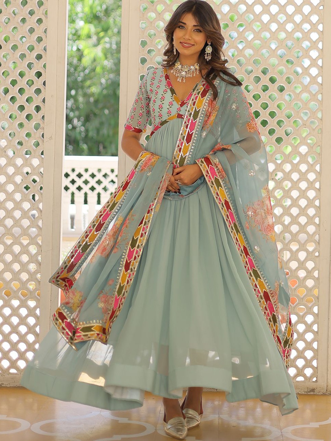 KALINI Floral Embroidered V-Neck Mirror Work Anarkali With Dupatta Ethnic Dresses, Blue
KALINI Floral Embroidered V-Neck Mirror Work Anarkali With Dupatta Ethnic Dresses, Blue