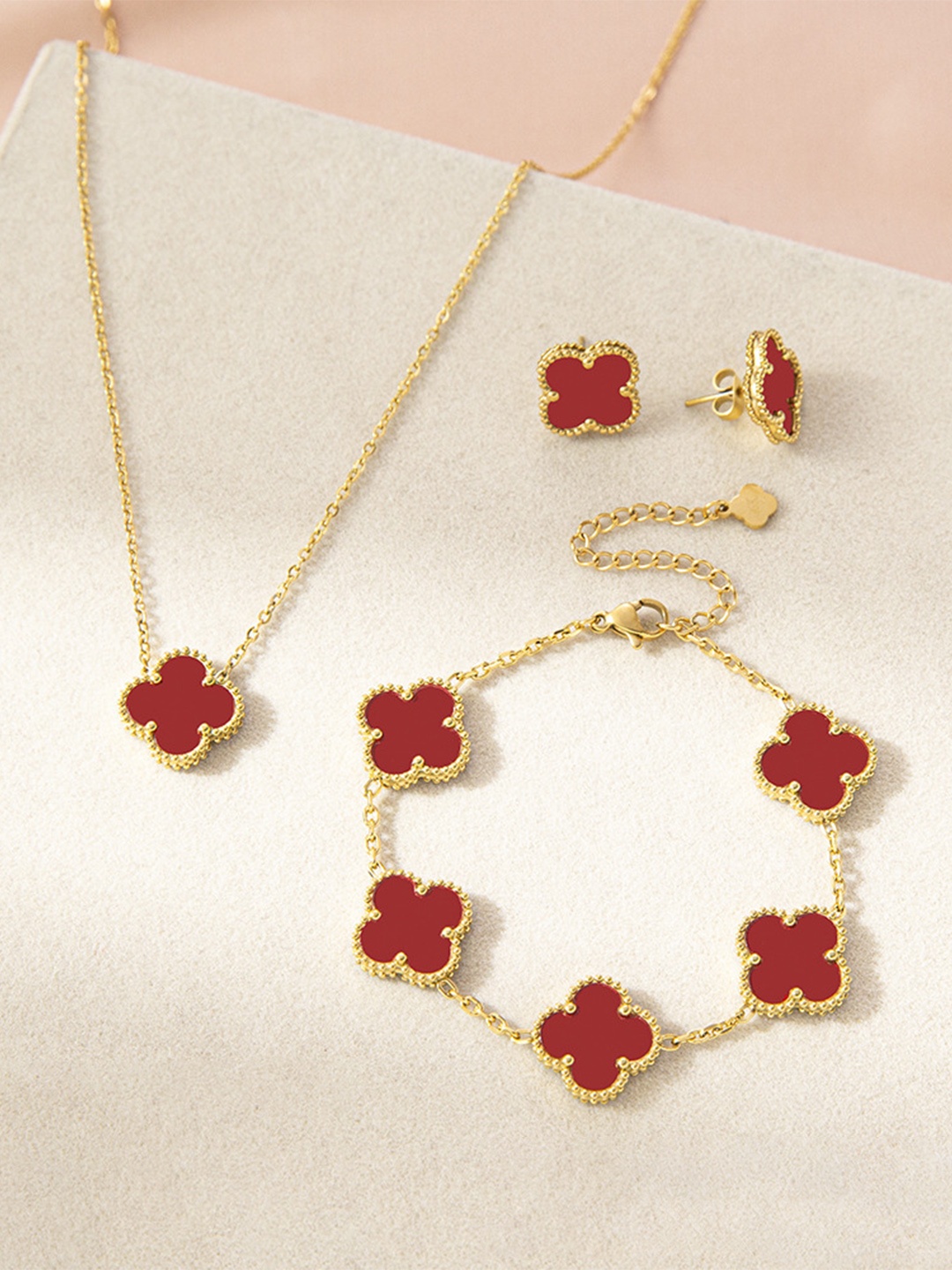 DressBerry Stainless Steel Gold Plated Stones Studded Anti Tarnish Clover Jewellery Set
DressBerry Stainless Steel Gold Plated Stones Studded Anti Tarnish Clover Jewellery Set