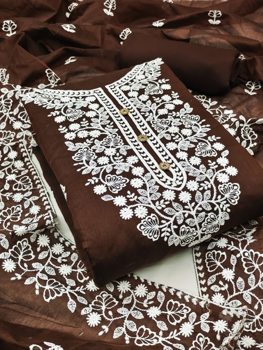 Rangtulika Floral Embroidered Thread Work Chanderi Cotton Unstitched Dress Material, Brown
Rangtulika Floral Embroidered Thread Work Chanderi Cotton Unstitched Dress Material, Brown