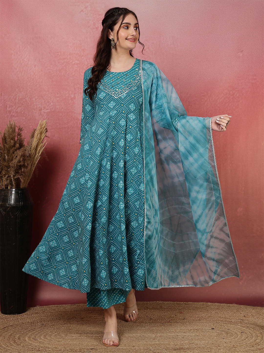 NISHABD Bandhani Beads and Stones Anarkali Pure Cotton Kurta with Palazzos & Dupatta, Blue
NISHABD Bandhani Beads and Stones Anarkali Pure Cotton Kurta with Palazzos & Dupatta, Blue