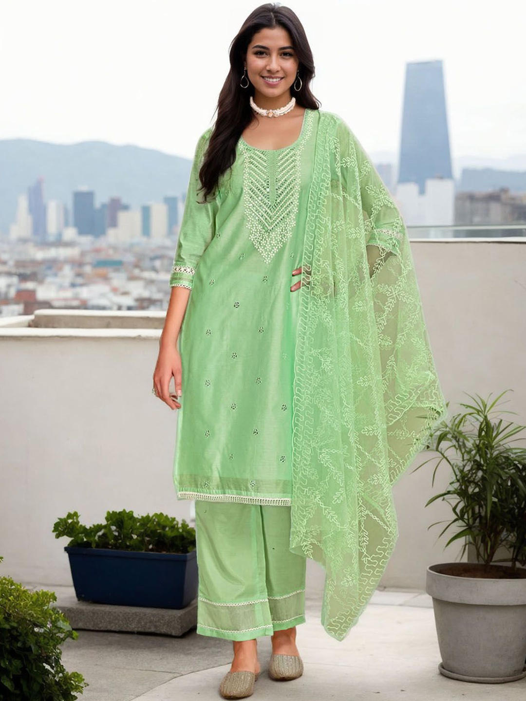 Anouk Women Embroidered Regular Sequinned Chanderi Cotton Kurta with Palazzos & Dupatta, Green
Anouk Women Embroidered Regular Sequinned Chanderi Cotton Kurta with Palazzos & Dupatta, Green