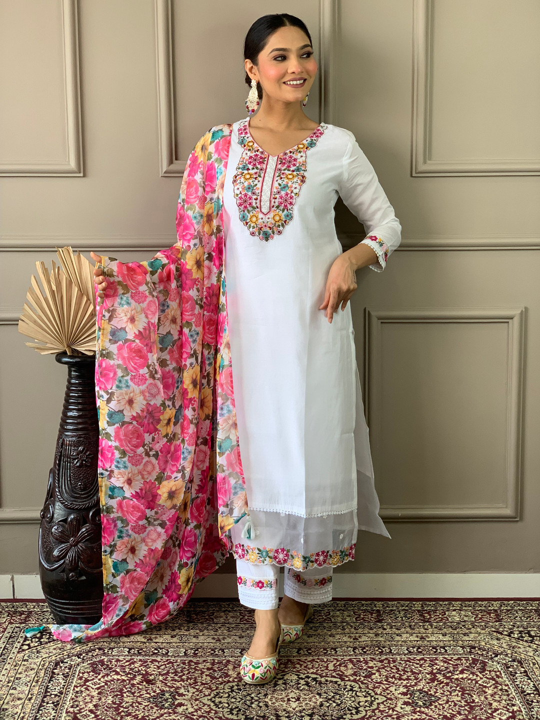 Fashion Ritmo Women Embroidered Regular Chanderi Cotton Kurta with Trousers & With Dupatta, White
Fashion Ritmo Women Embroidered Regular Chanderi Cotton Kurta with Trousers & With Dupatta, White